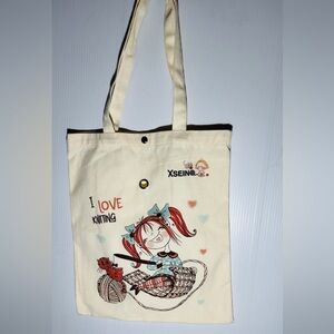 XSEING Canvas Knitting Project Tote Bag – "I Love Knitting" Craft Storage Organi